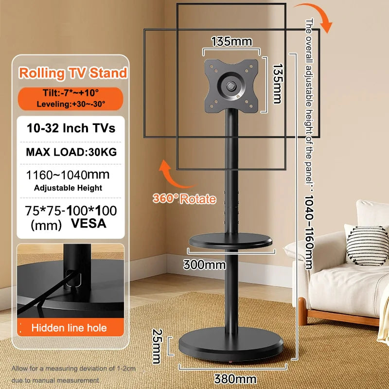 Portrait to Landscape Heavy Duty Mobile TV Cart with Shelf VESA 200x200mm Height Adjustable Rolling TV Stand for 10-42 Inch TVs