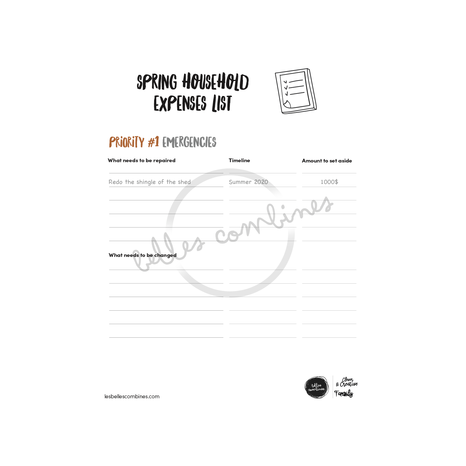 English version of the spring household expenses list of the spring cleaning guide made by Les Belles Combines