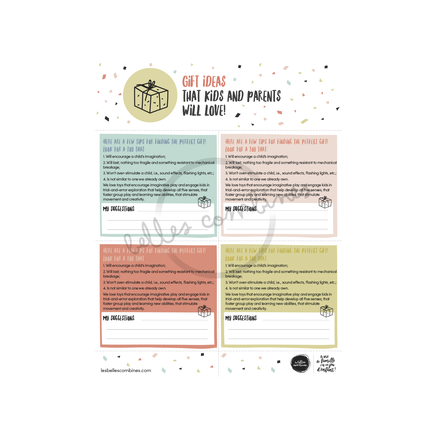 English version of the gift ideas that kids and parents will love document to print made by Les Belles Combines