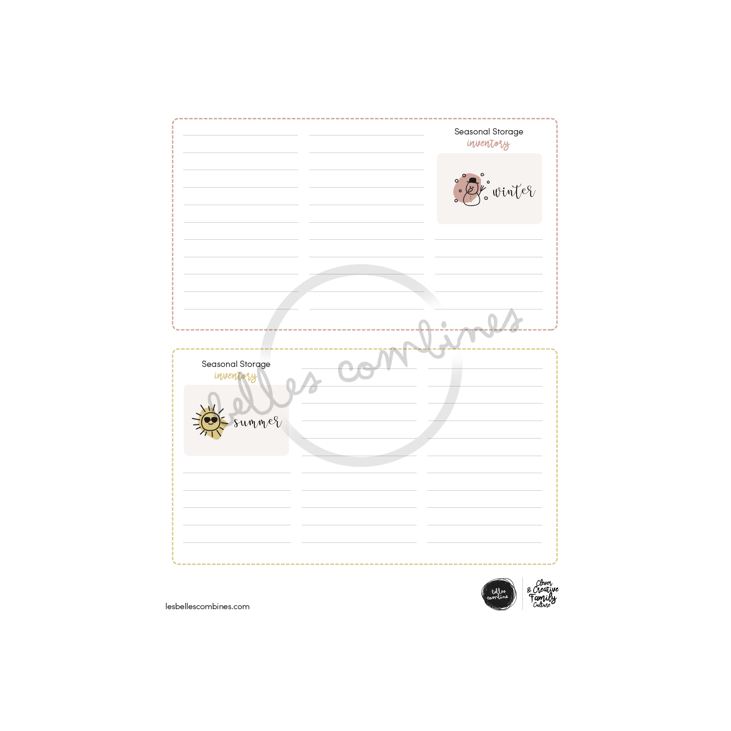 English version of the seasonal storage inventory document to print made by Les Belles Combines