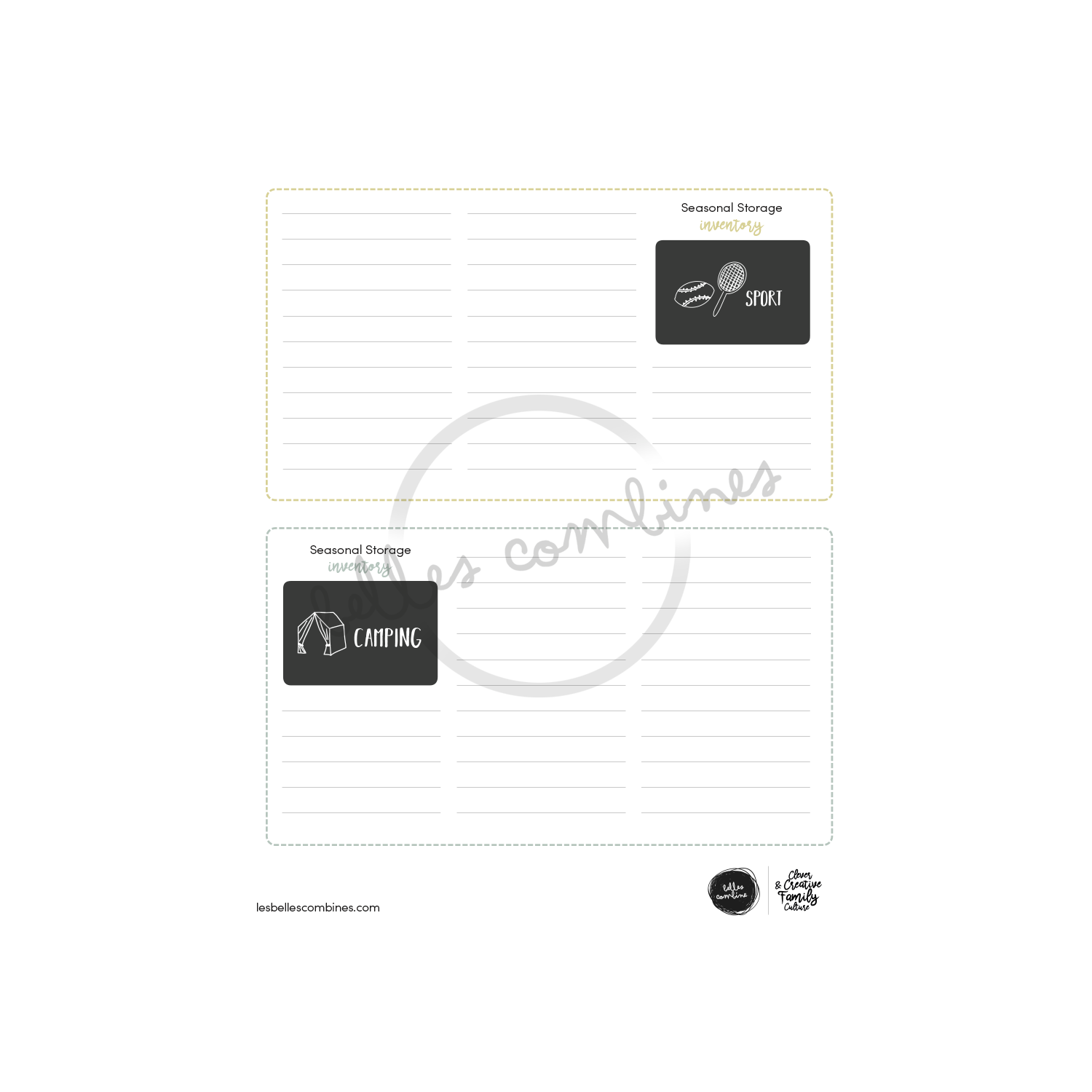 English version of the seasonal storage inventory document to print made by Les Belles Combines