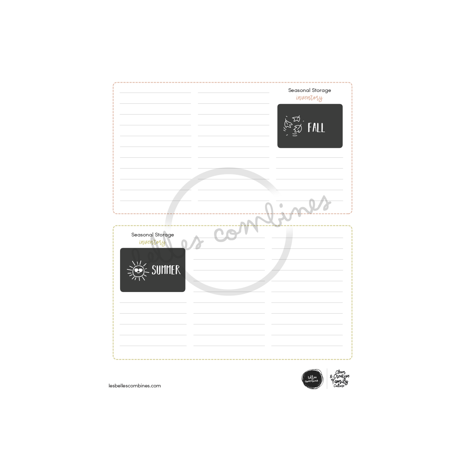 English version of the seasonal storage inventory document to print made by Les Belles Combines