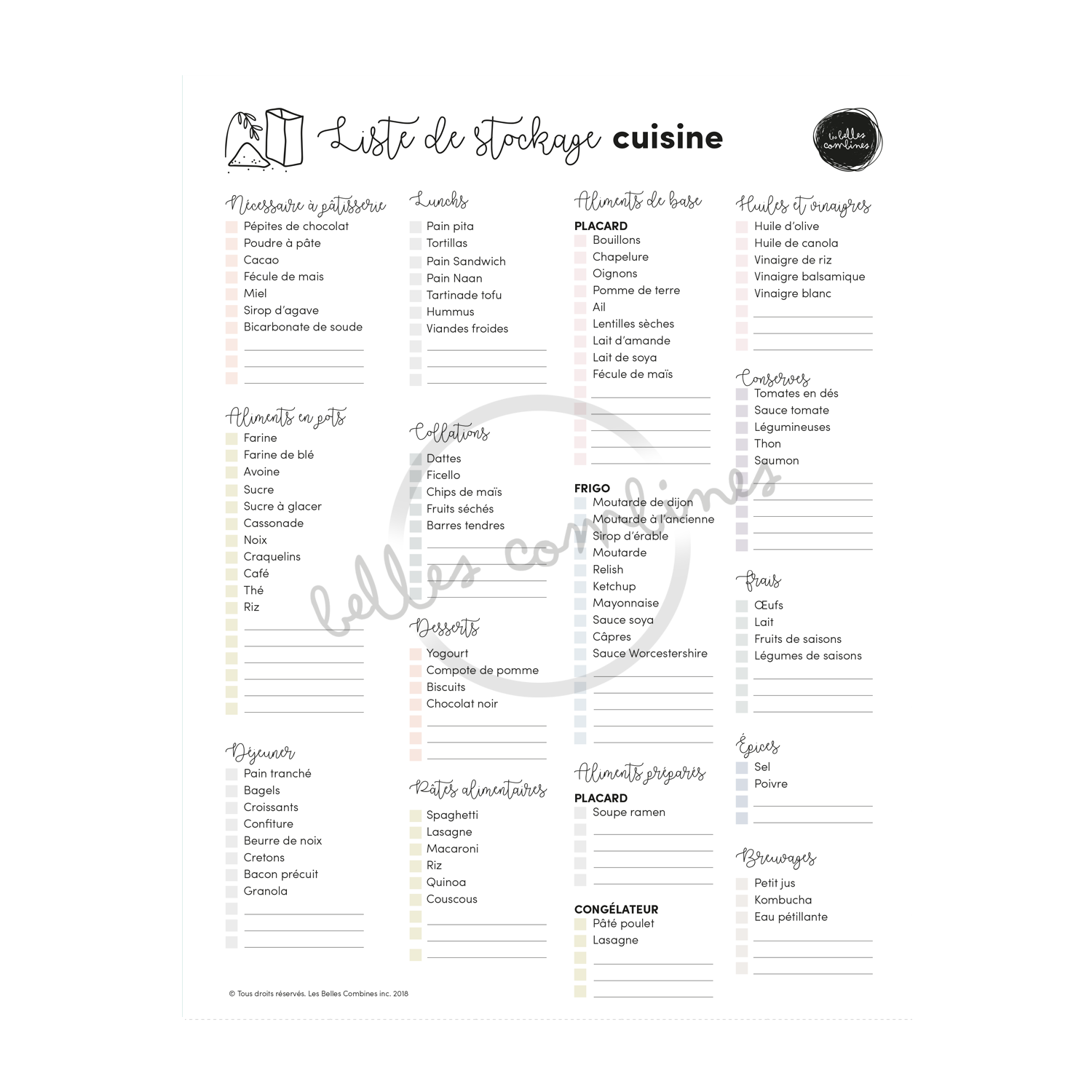Version française de la liste de stockage pour la cuisine à imprimer Les Belles Combines