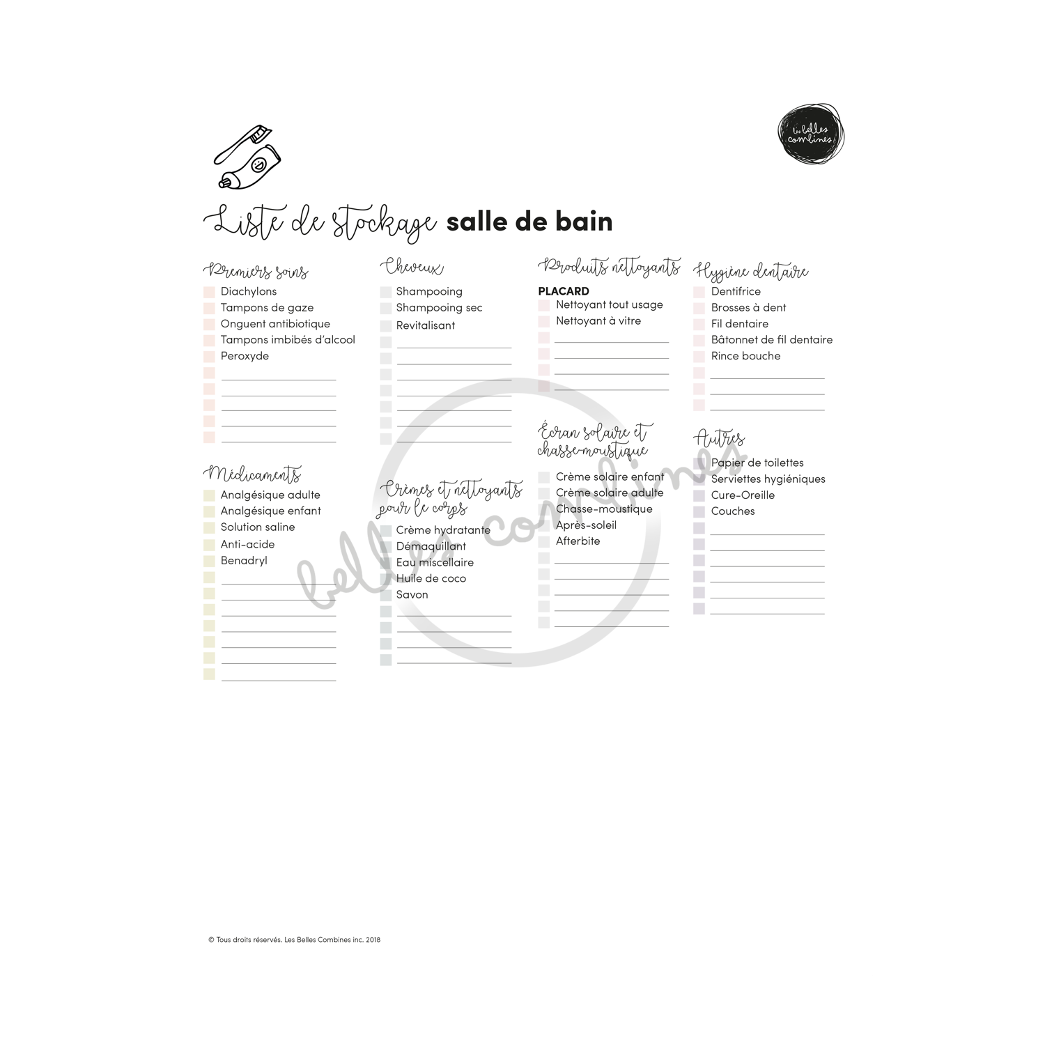 Version française de la liste de stockage pour la salle de bain à imprimer Les Belles Combines