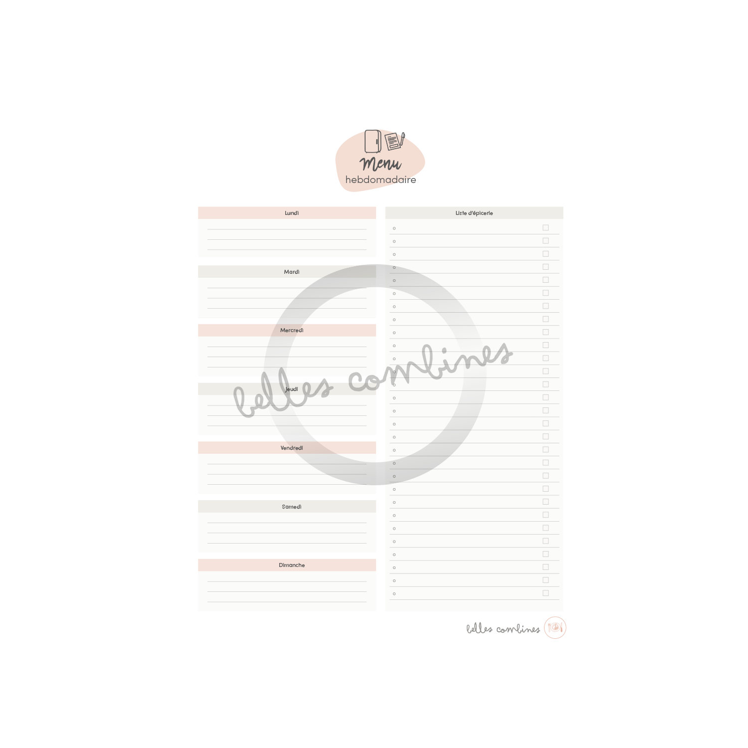 Weekly menu with grocery list