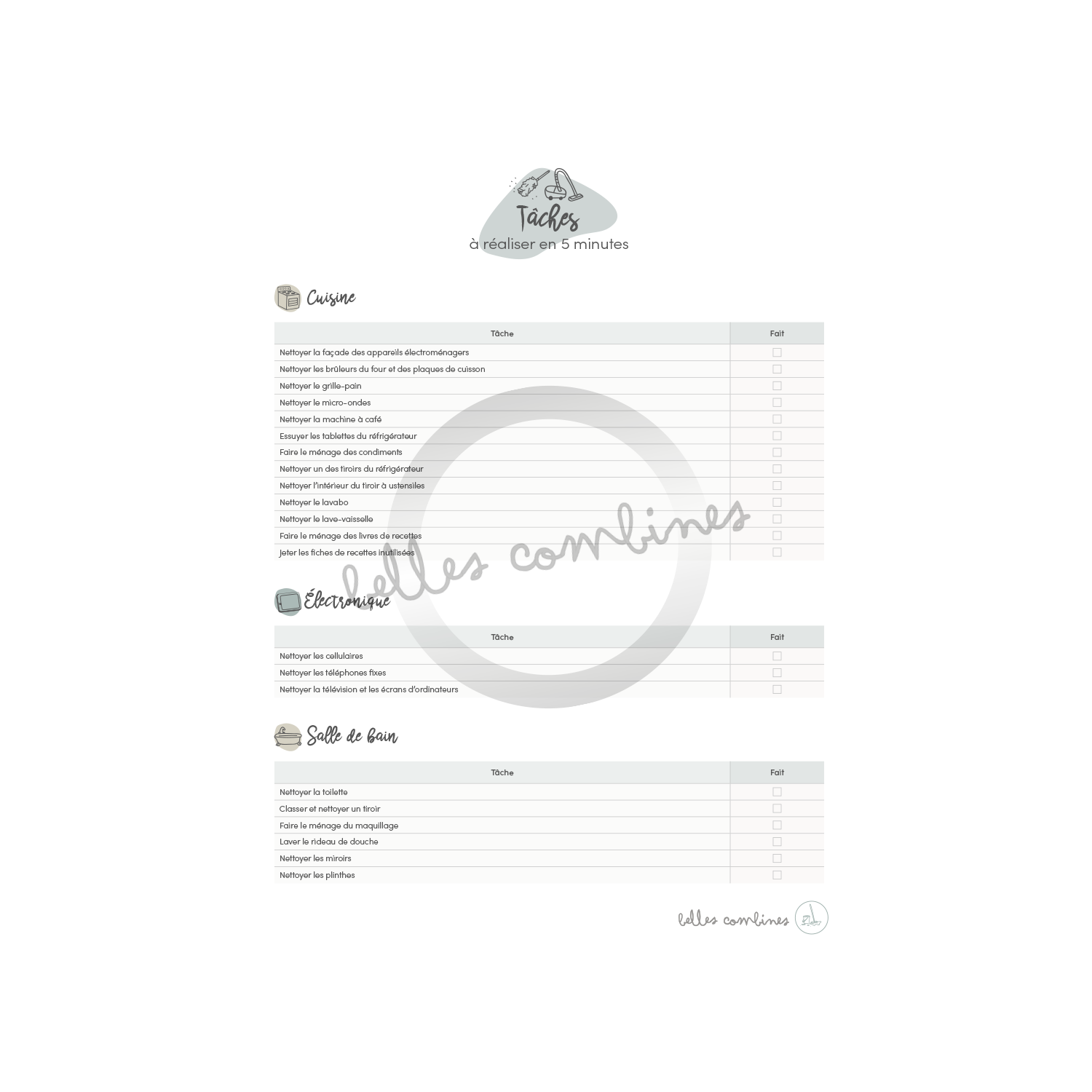 Tâches à réaliser en cinq minutes