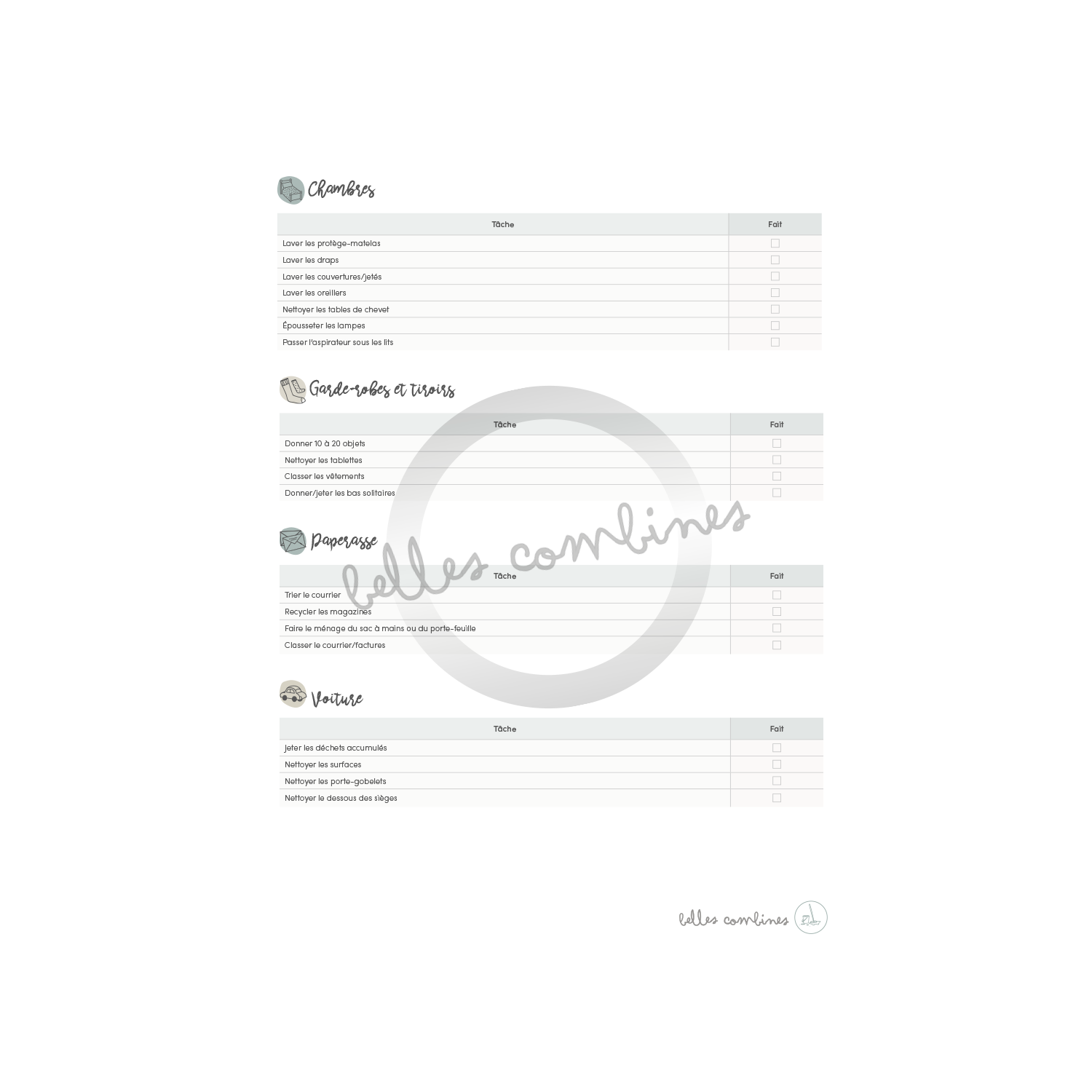 Tâches à réaliser en cinq minutes