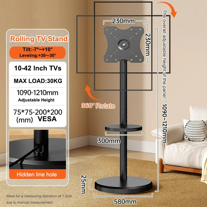 Portrait to Landscape Heavy Duty Mobile TV Cart with Shelf VESA 200x200mm Height Adjustable Rolling TV Stand for 10-42 Inch TVs