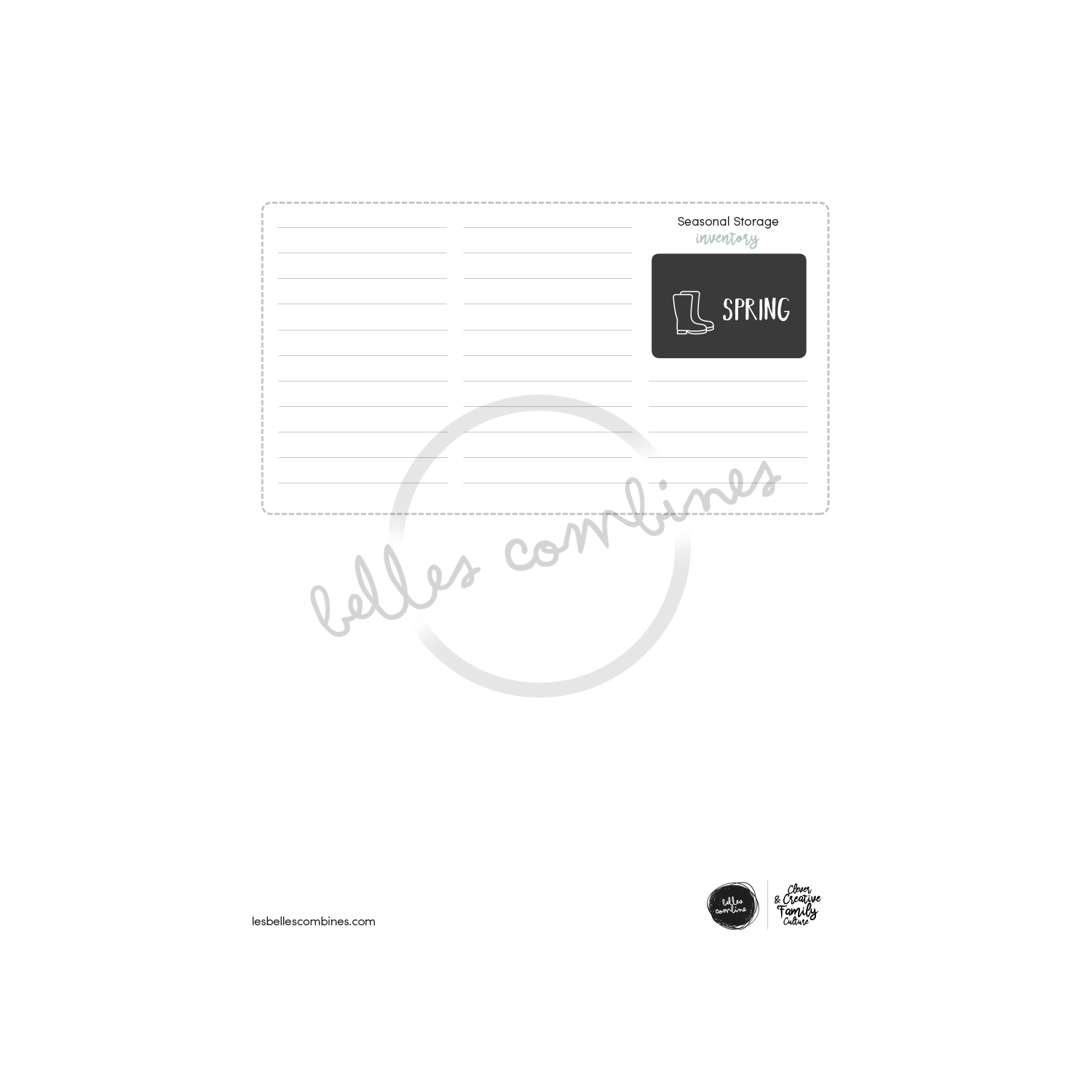 English version of the seasonal storage inventory document to print made by Les Belles Combines